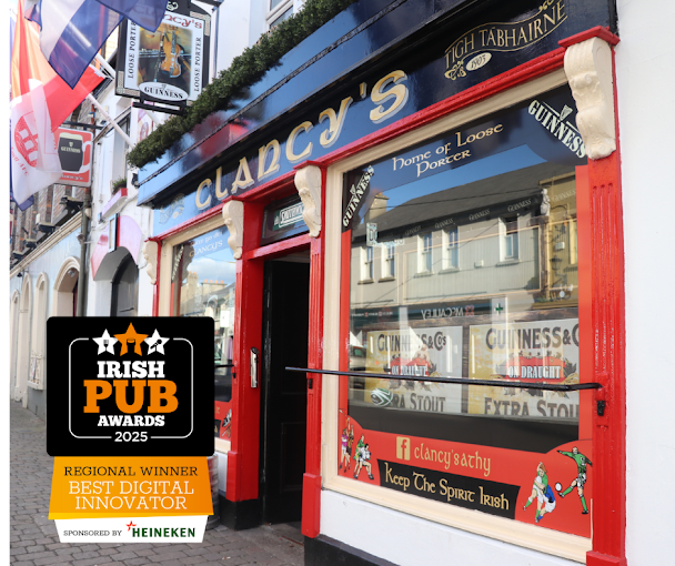 Clancy's pub front at dusk on Leinster Street